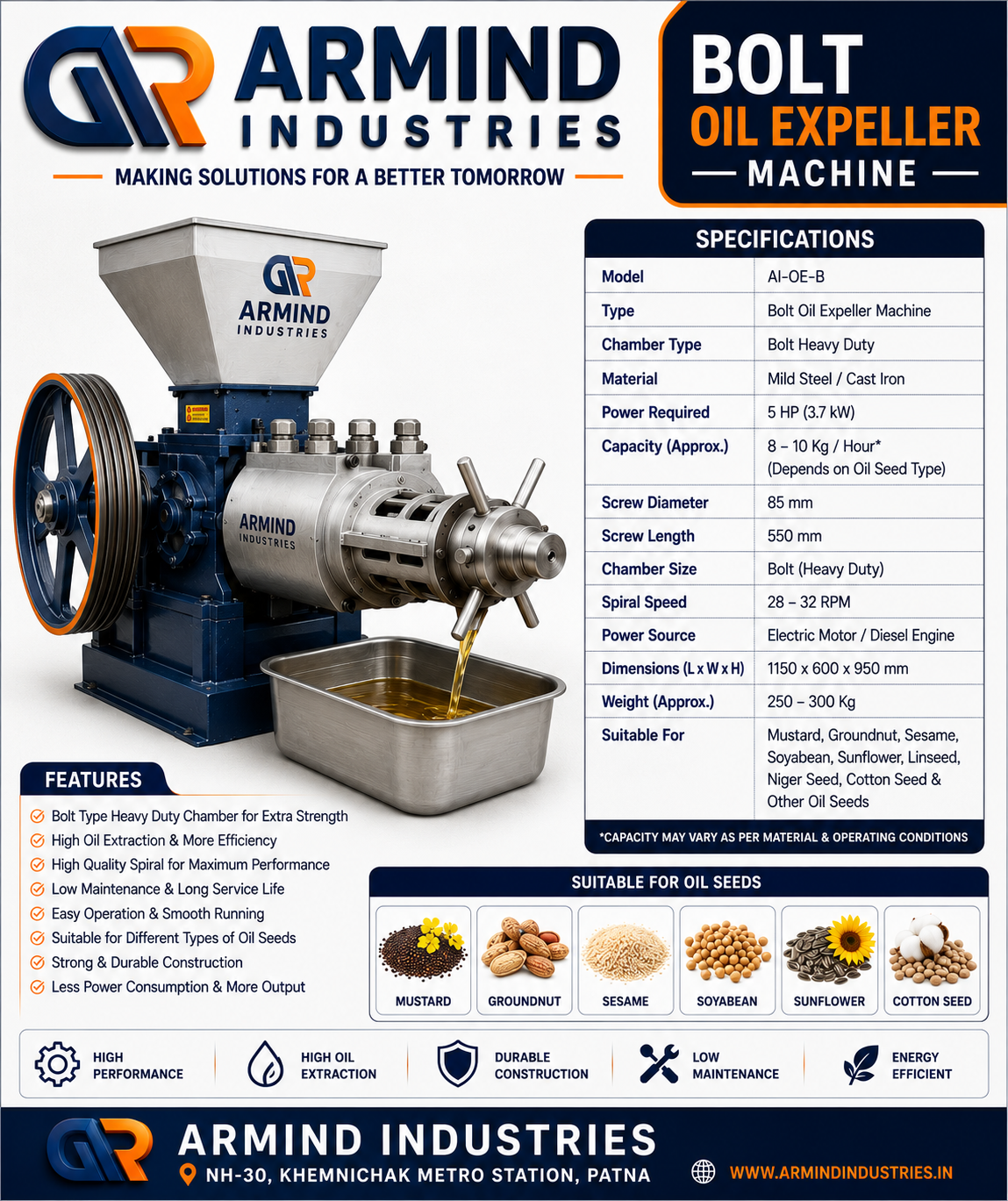 6 Bolt Oil Expeller Machine by Armind Industries